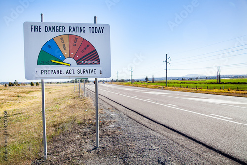 Fire danger rating today sign indicating low-moderate with dry grass prepare act survive photo
