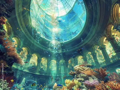 dome underwater, surrounded by colorful coral reefs and marine life, light filtering through water