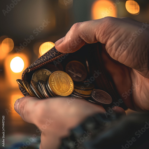 Conceptual Finance Image: Hand Holding Wallet with Bitcoin Coin and Various Currencies, Bokeh Lights in Background