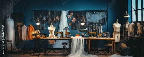 Interior of fashion designer studio room with various sewing items, fabrics and mannequins standing. photo