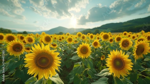 Picturesque landscape of vast agricultural field with blooming yellow sunflowers in summer countryside photo
