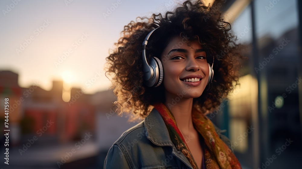  woman standing staring at camera enjoying music 
