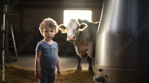 Cute child standing next to milk tank milk,  photo