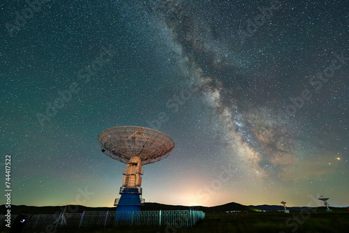 Radio telescopes and the Milky Way at night , Milky way panorama