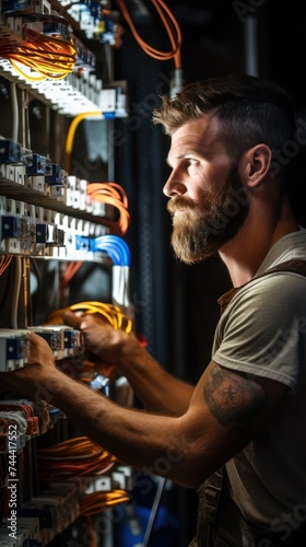 Professional electrician man works in a switchboard with an electrical connecting cable  Electrician repairing