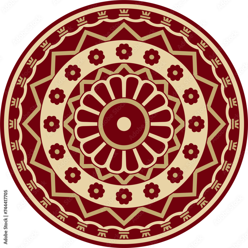 Vector red and black round ancient persian ornament. National Iranian circle of ancient civilization. Baghdad.