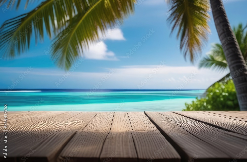 Empty wooden table with blurred beach in the background, mockup template for product display Empty wooden table with blurred beach in the background, mockup template for product display
