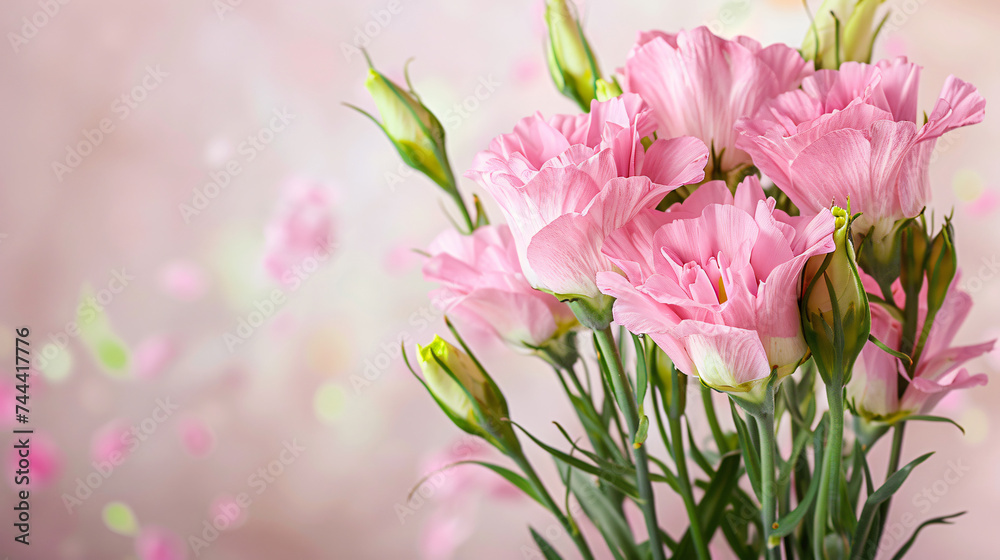 Pink Lisianthus bouquet with buds on a natural.