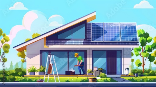 Modern eco-friendly house with solar panels and a person gardening. Sustainable living and renewable energy concept with a digital illustration style