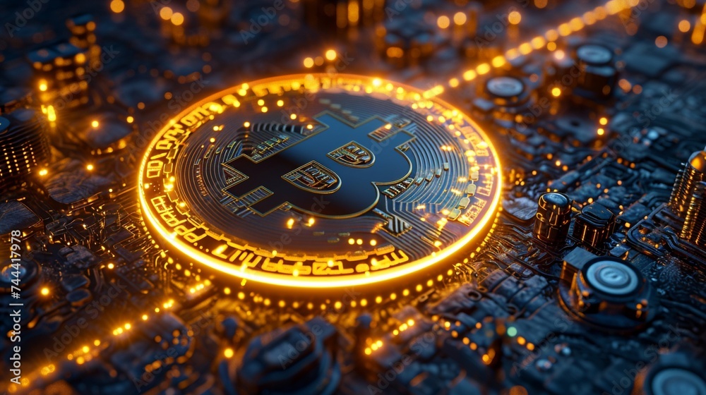 Golden bitcoin on circuit board. Cryptocurrency concept. 3D illustration.