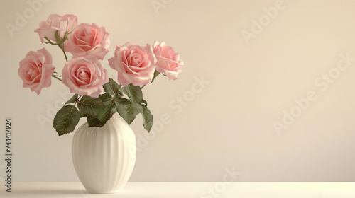 Pink roses displayed in a white vase against.