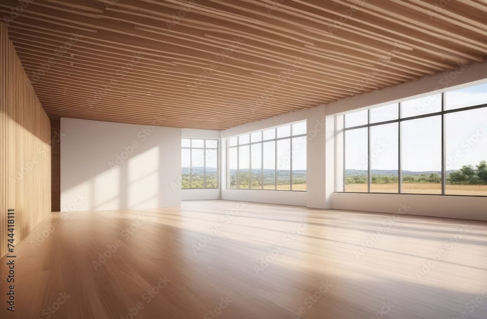 Modern large empty room with windows and nature view Modern large empty room with windows and nature view