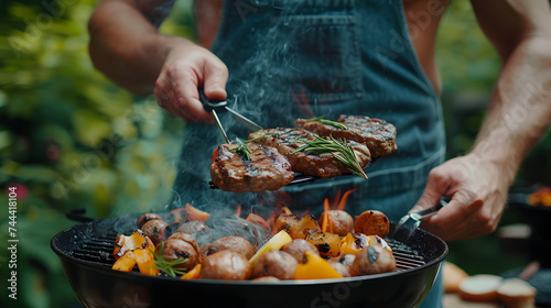 A man is cooking meat and vegetables on a BBQ grill.
