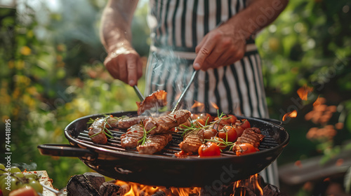 A man is cooking meat and vegetables on a BBQ grill. photo