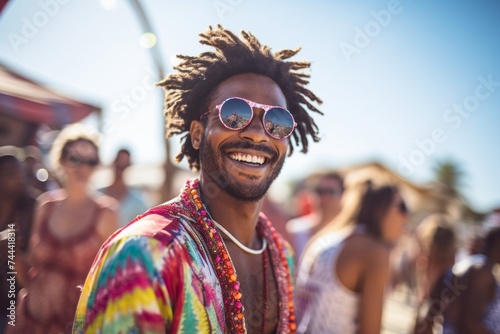 dj set at the beach party. dj spins the music and people is excited with hands up photo