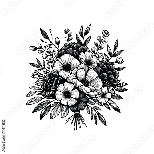 black and white flowers hand drawn vector illustration isolated white background