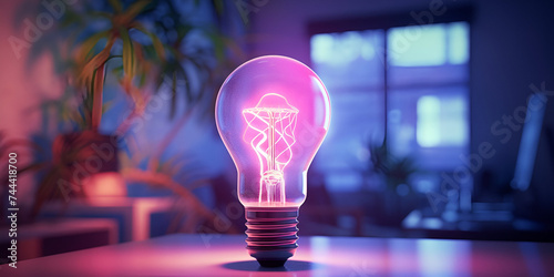 Light bulb with neon lights, abstract glowing background, digital illustration, Idea Illumination: Creative Light Bulb in a Multicolored Splash Paint 