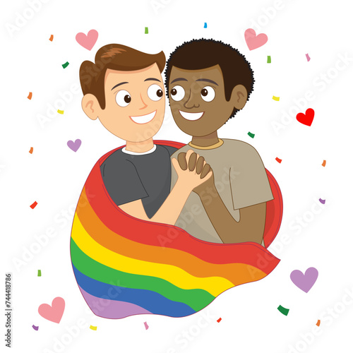 Hand drawn flat homosexual gay couple heart LGBT flag rainbow. Pride day, pride month concept. homosexual, bisexual, lesbian, transgender, people.  Flat, Poster, Vector, Illustration, Cartoon, EPS10. 