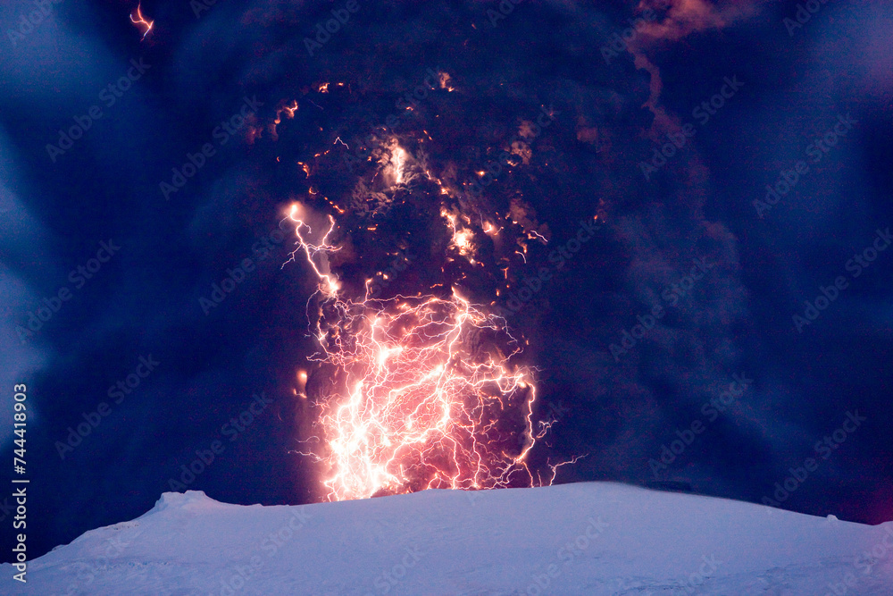 Fototapeta premium Eyjafjallajokull Volcano at Night, Lightning inside Ash Cloud, I