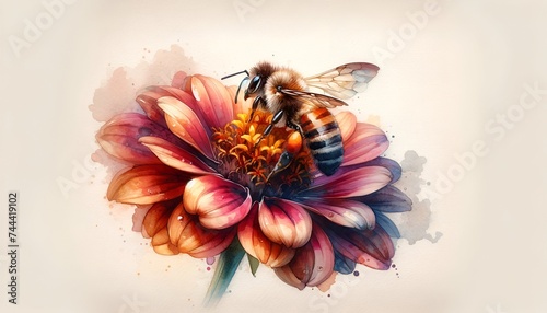 Watercolor painting of a bee standing on a flower