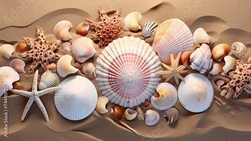 A collection of seashells arranged on a sandy beach.