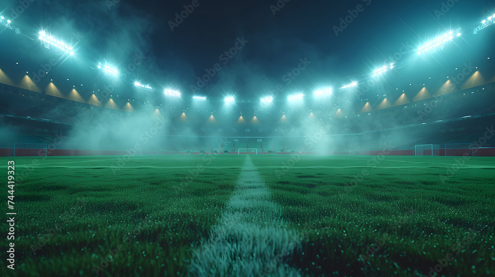 A soccer field at night with bright lights shining down. - obrazy, fototapety, plakaty 