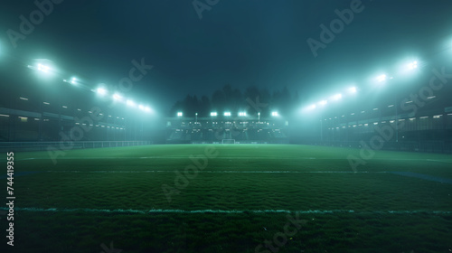 A soccer field at night with bright lights shining down. © lam
