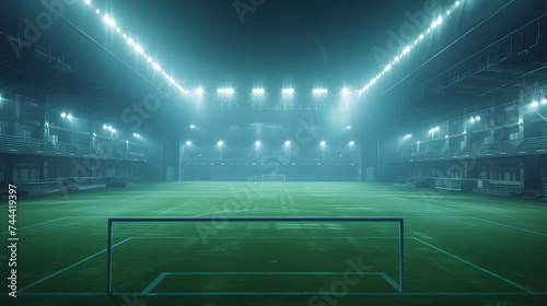 A soccer field at night with bright lights shining down.