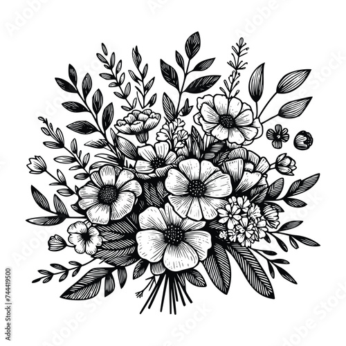 black and white flowers hand drawn vector illustration isolated white background