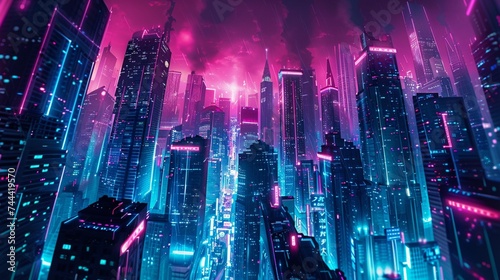 A vibrant cityscape at night, with towering skyscrapers illuminated by neon lights in shades of pink and blue, creating a dazzling and futuristic urban landscape.