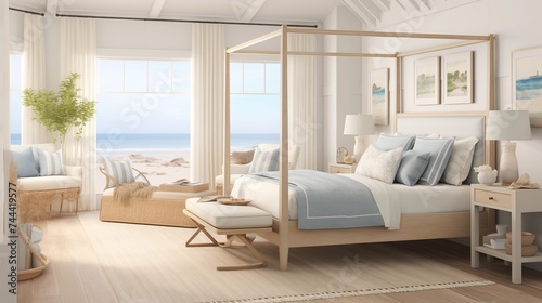 Coastal-inspired Bedroom with Soft Sand Beige Walls and Seaside Serenity Design a coastal-inspired bedroom with soft sand beige walls