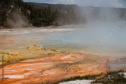 Turquoise and orange colors at geothermal pool in Yellowstone