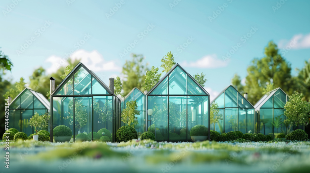 3d transparent houses with plants