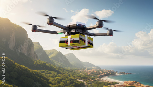 Technological shipment innovation in Brunei - drone fast delivery concept, multicopter flying with cardboard box with flag Brunei above city