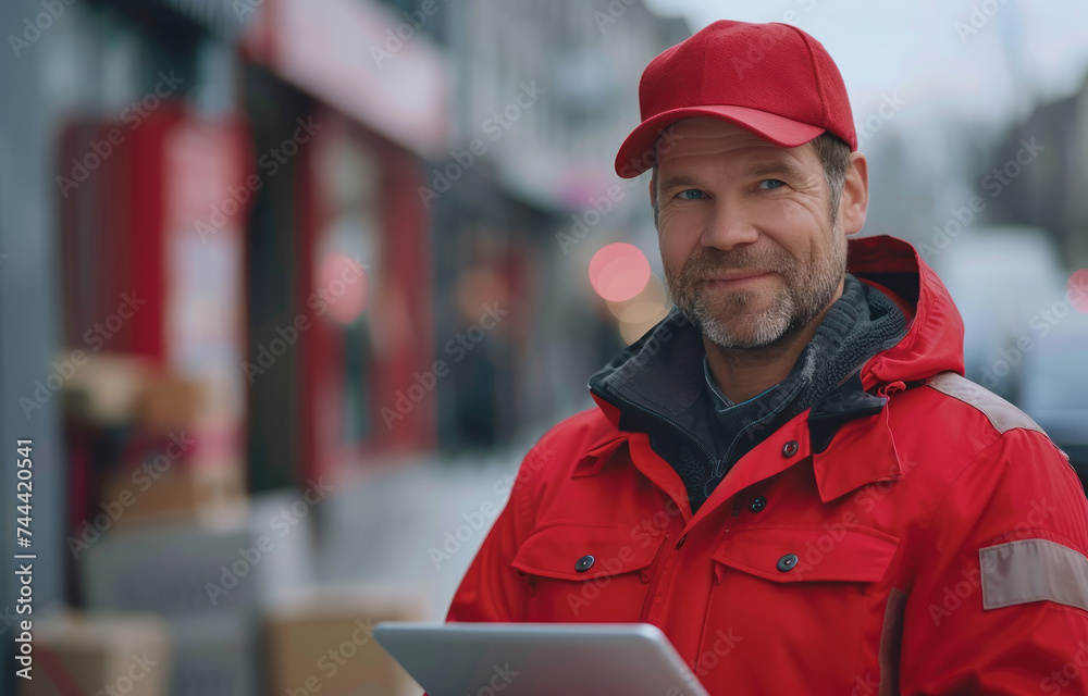 Happy courier man with signing on tablet for delivery boxes - Technology, tracking and shipment service Happy courier man with signing on tablet for delivery boxes - Technology, tracking and shipment service