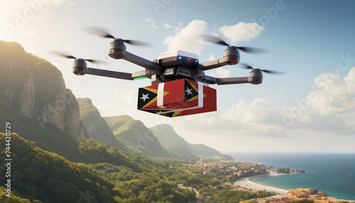 Technological shipment innovation in East Timor - drone fast delivery concept, multicopter flying with cardboard box with flag East Timor above city