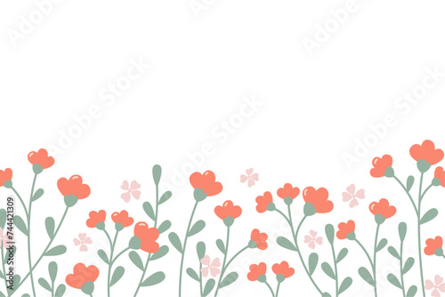 Horizontal white banner with flowers along the bottom edge. Spring botanical flat vector illustration on white background