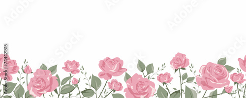 Floral border seamless pattern. Cute horizontal banner with hand drawn blooming roses. Vector illustration on white background