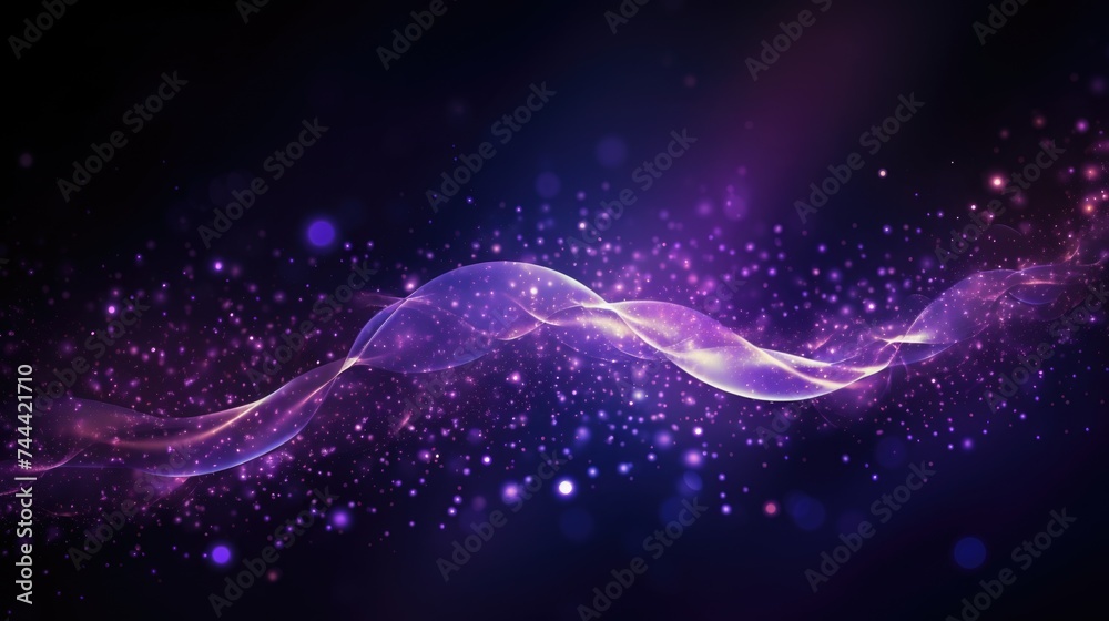Purple indigo violet glowing curvy lines and particles dark abstract background. Generative ai