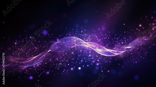 Purple indigo violet glowing curvy lines and particles dark abstract background. Generative ai