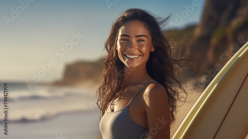 woman with surfboard, relaxing,Smiling woman holding surfboard standing at beach  © CStock