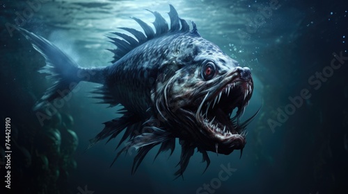 Scary pre-historic monster predatory fish underwater. Generative ai