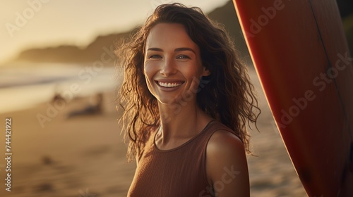 woman with surfboard, relaxing,Smiling woman holding surfboard standing at beach  © CStock