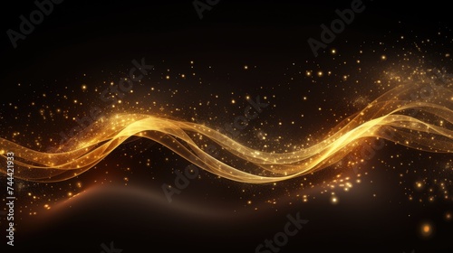 Golden yellow glowing curvy lines and particles in a dark abstract background. Generative ai