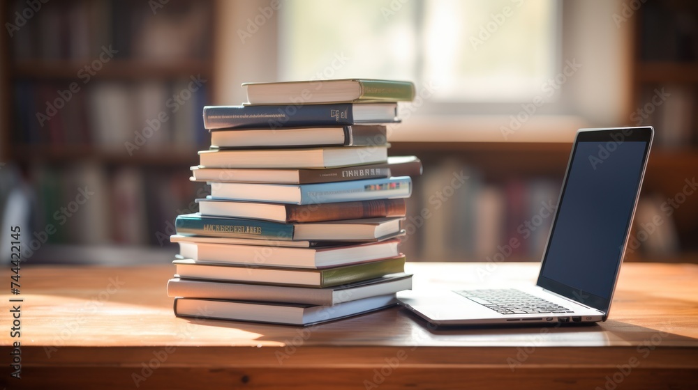 concept study,Stack of books with laptop on wooden table concept study,Stack of books with laptop on wooden table