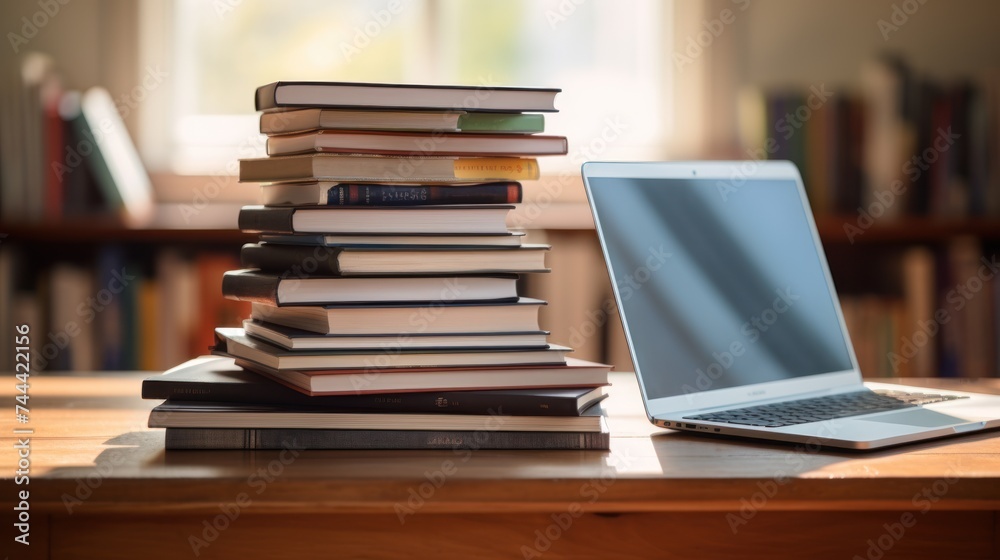 concept study,Stack of books with laptop on wooden table concept study,Stack of books with laptop on wooden table