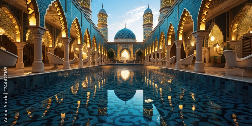 modern mosque and swimming pool - obrazy, fototapety, plakaty 