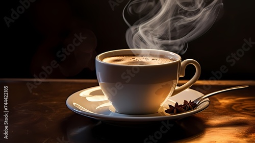 A cup of steaming hot coffee on a saucer with a spoon beside it.