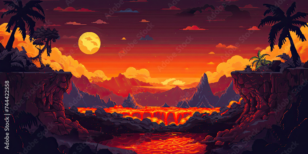 Lava fire gaming background, vintage retro graphics level design, heat flames backdrop pixels, generated ai