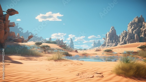 A desert oasis surrounded by massive sand dunes, where holographic mirages blend seamlessly with the 3D terrain.